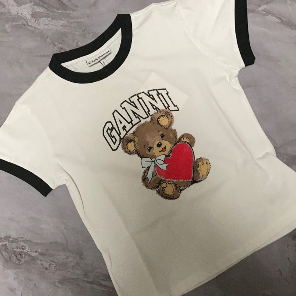 Ganni White Ringer Tee with Black Trim and Teddy Heart Graphic